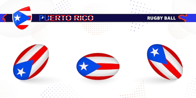 Rugby ball set with the flag of Puerto Rico in various angles on abstract background