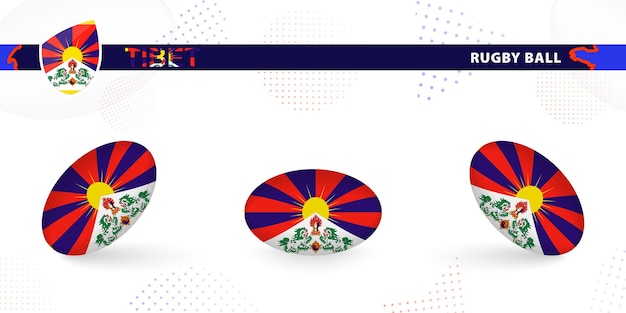 Rugby ball set with the flag of Tibet in various angles on abstract background