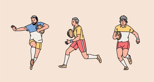 Rugby character players in action set line style illustration