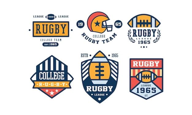 Rugby college team logo design set vintage sport club emblem or badge vector Illustration isolated on a white background