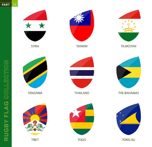 Rugby flag collection rugby icon with flag of 9 countries syria taiwan tajikistan tanzania thailand the bahamas tibet togo tokelau