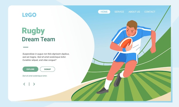 Vector rugby minimalist banner web illustration mobile landing page gui ui player running across on field