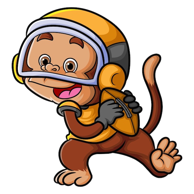 The rugby player monkey is playing rugby and wearing helm