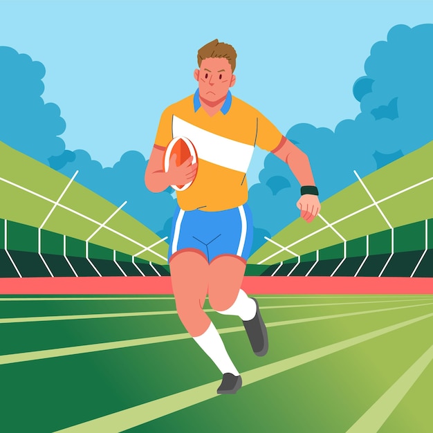 Vector rugby player running across the perspective field carrying the ball