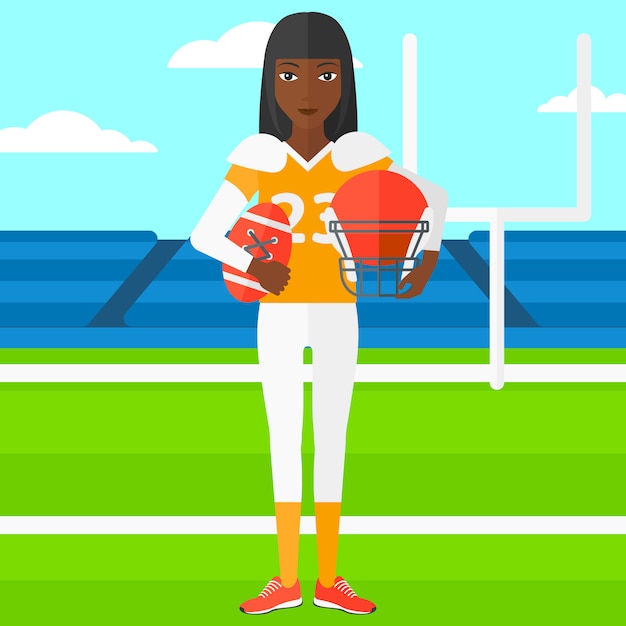 Vector rugby player with ball and helmet in hands.