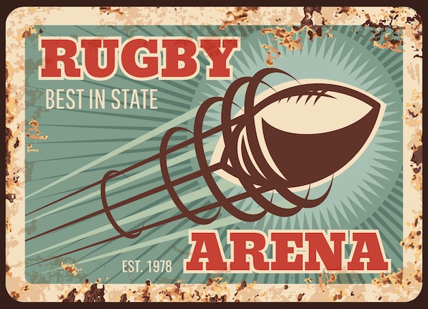 Piastra metallica sport rugby arrugginito, pallone da football americano sull'arena, poster retrò.