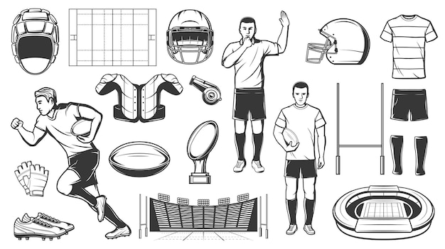 벡터 선수 및 장비의 럭비 스포츠 또는 축구 미국 게임 아이콘