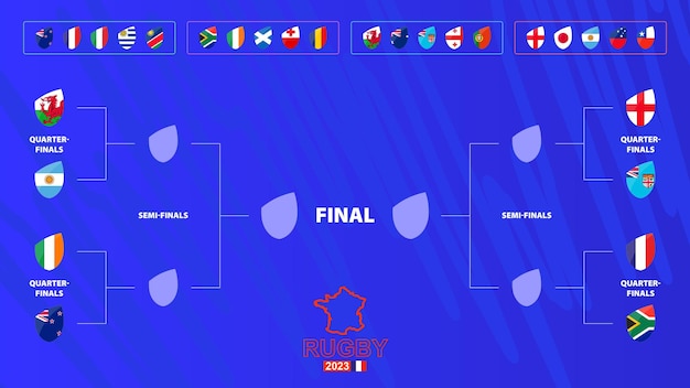 Rugby tournament bracket with flags of quarterfinal participants rugby competition 2023 schedule on abstract background vector illustration