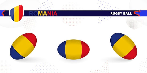 Rugbybal met de vlag van Roemenië in verschillende hoeken op abstracte achtergrond