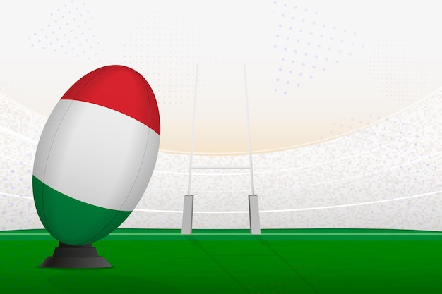 Rugbybal van het nationale team van Italië op rugbystadion en doelpalen die zich voorbereiden op een penalty of vrije trap