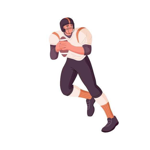 Rugbyspeler houden gevangen greep bal in handen en lopende American football atleet tijdens sport spel activiteit Man in helm spelen platte vectorillustratie geïsoleerd op witte achtergrond