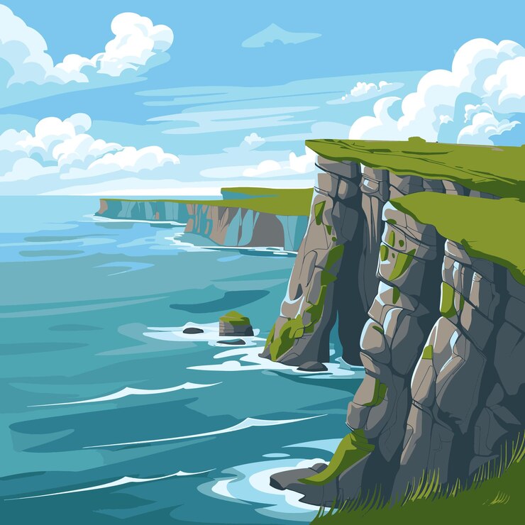 Vector the rugged cliff edge overlooking an ocean with green
