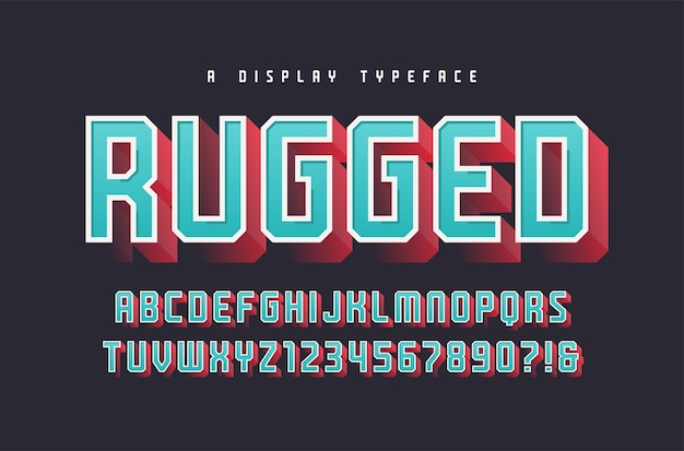 Rugged stylish 3d display typeface, font, uppercase letters and numbers, alphabet, typography. Global swatches.