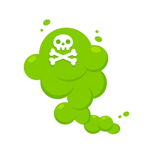 Ruikende groene cartoon fart cloud vlakke stijl ontwerp vectorillustratie met crossbone skull