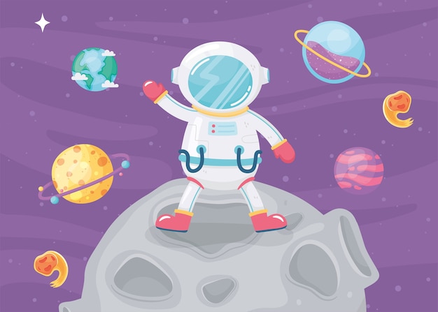 Ruimte avontuur cartoon astronaut staande in maan illustratie