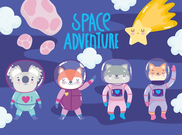 Ruimte avontuur schattige vos kat wasbeer kat met astronaut pak cartoon afbeelding