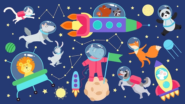 Ruimte dieren set Kid planeten platte cartoon dieren astronauten Leuke karakters in ruimteschip vliegen in raket in universum Kinderen kosmos fatsoenlijke vectorelementen