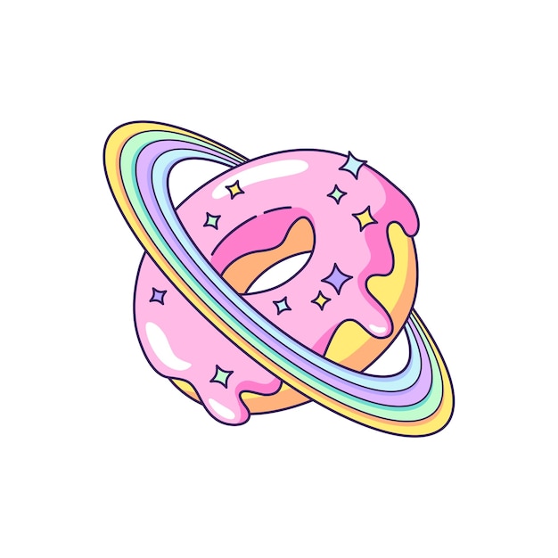 Vector ruimte donut donut planeet met regenboog ringen leuke cartoon stijl tekenen vector illustratie