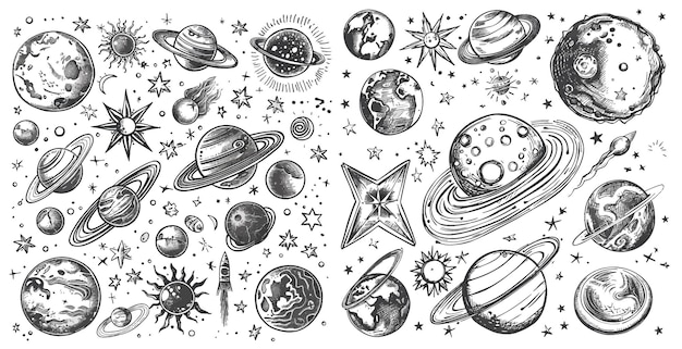 Ruimte doodles Sketch ruimte planeten met de hand getekende hemellichamen aarde zon en maan