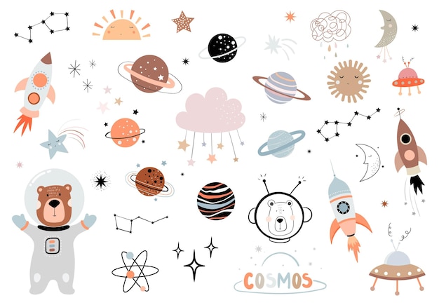 Vector ruimte-elementencollectie voor kinderen kinderkamer planeten maan sterrenbeeld raket doodle stijl