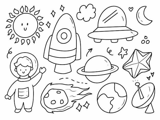 Ruimte en astronaut doodle cartoon hand tekenen. raket en buitenaardse lijntekeningen.