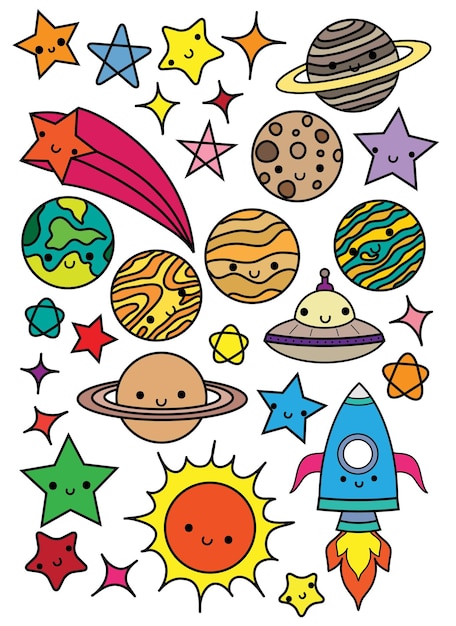 Ruimte en planeten Sticker Ruimtepictogrammen Kawaii-stijl Planeten Stickerontwerp