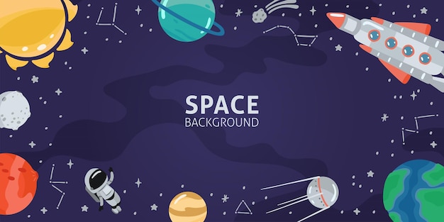 Vector ruimte horizontale achtergrond met raket planeten kosmonaut en kopieer ruimte voor uw tekst in cartoon stijl concept banner met het zonnestelsel voor uw ontwerp vector llustration