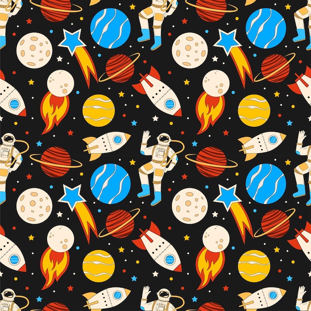 Ruimte jongen patroon astronaut en planeten sterren en raket Leuk sterrenstelsel kosmos ruimteschip leuk kinderlijk universum Decor textiel verpakking papier behang vector naadloos schitterend ontwerp