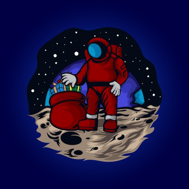 Vector ruimte kerstman brengt geschenk op de maan illustratie