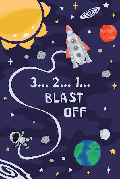 Ruimte kinder poster met raket planeten kosmonaut en belettering vector illustratie