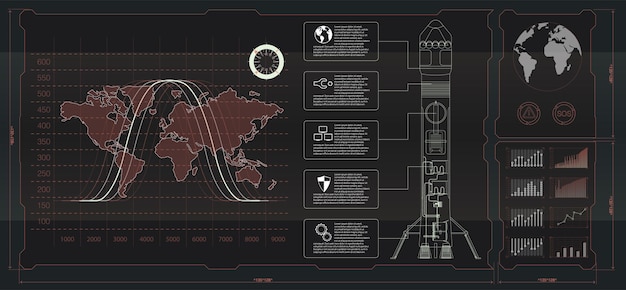 Ruimte lancering interface raketten grafische weergave controle de pallet raket Skyfi HUD vector