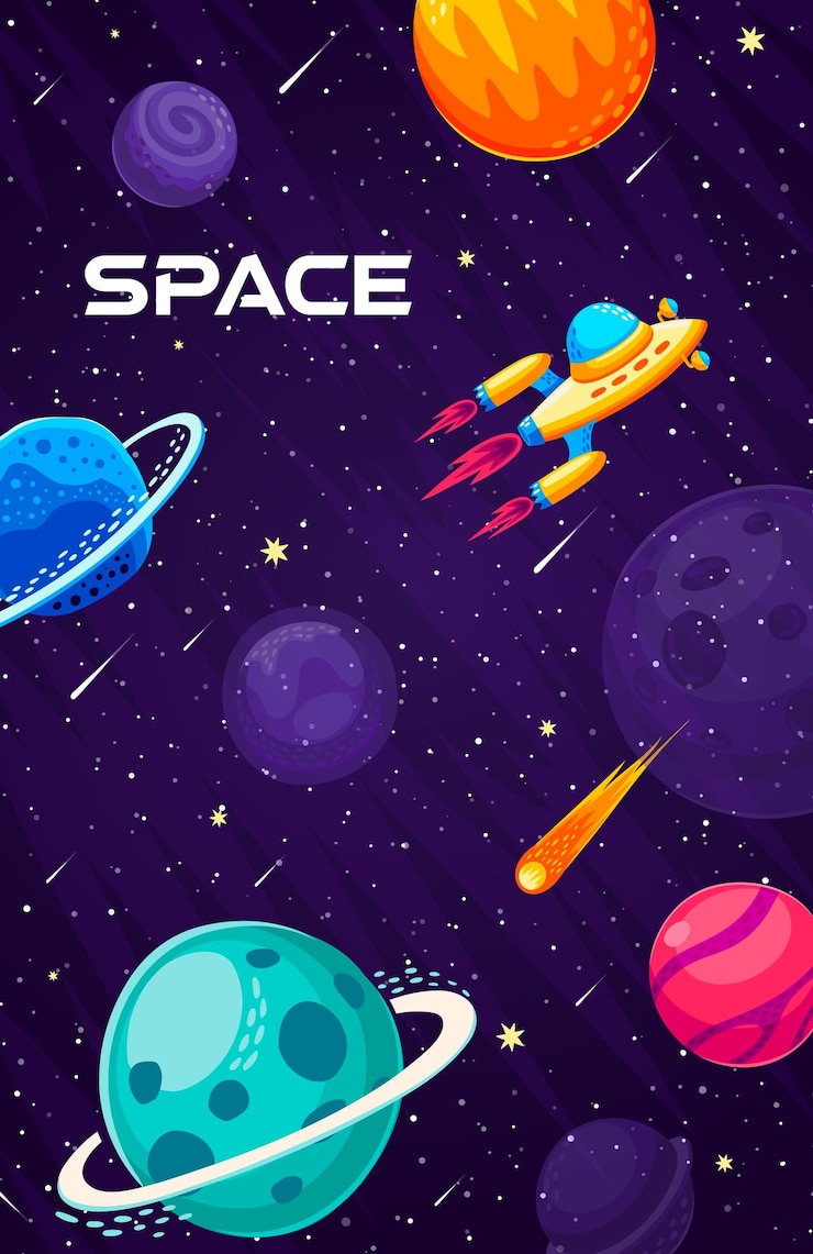 Vector ruimte landschap poster met vliegende ruimteschip galaxy planeten komeet en sterren vector achtergrond cartoon kosmische ruimte met raket of buitenaards ufo-ruimtevaartuig op ruimtevlucht in de galactische sterrenhemel