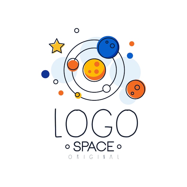 Ruimte-logo originele verkenning van het ruimtelabel met een illustratie van het zonnestelsel op een witte