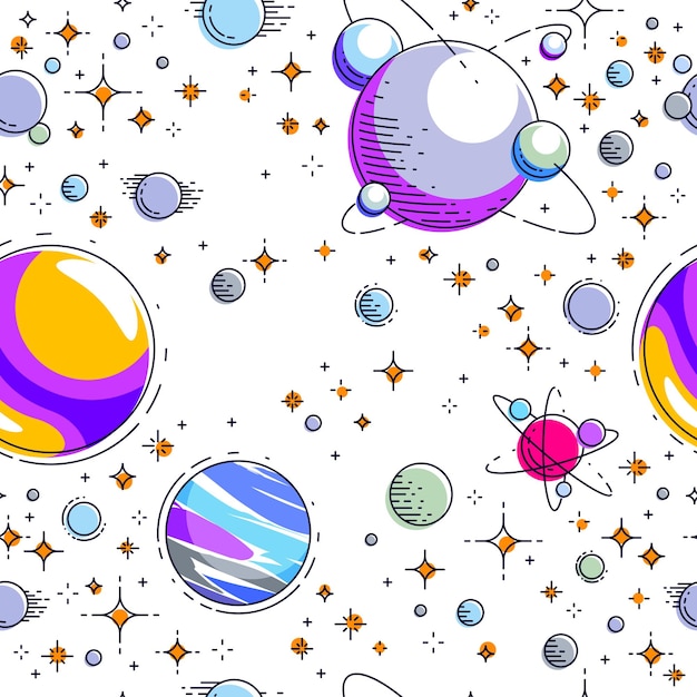 Ruimte naadloze achtergrond met planeten, sterren, asteroïden en kometen, onontdekte melkweg kosmische fantastische en interessante textielstof voor kinderen, eindeloos tegelpatroon, vectorillustratie.