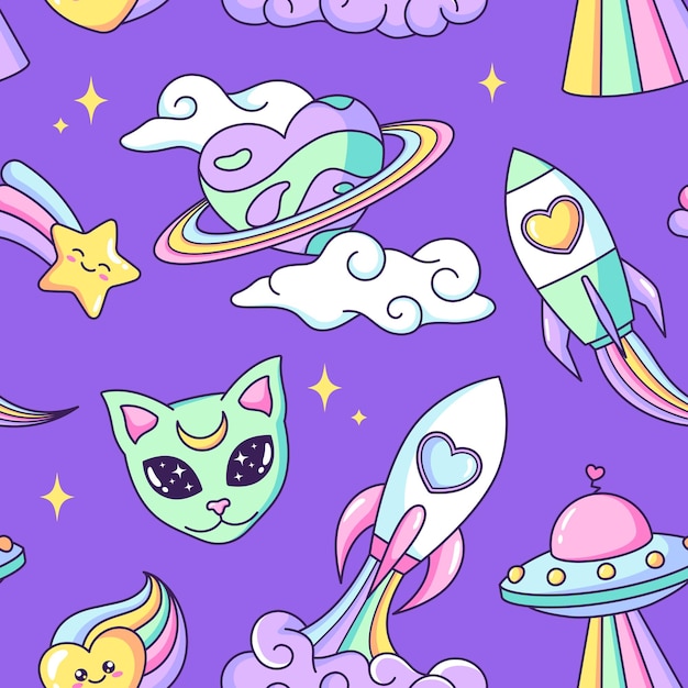 Vector ruimte-objecten in de vorm van een hart naadloos patroon achtergrond planeet ufo buitenaardse kat raket regenboog