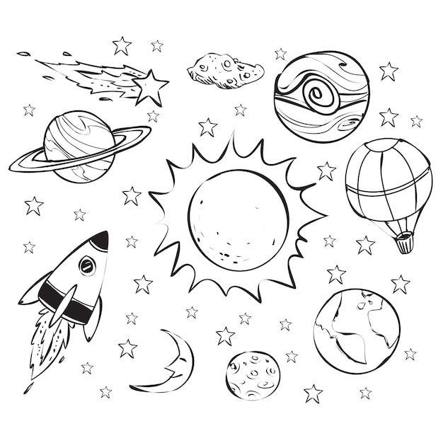 Ruimte thema doodle planeet aarde zon sterren maan raket asteroïden ballon
