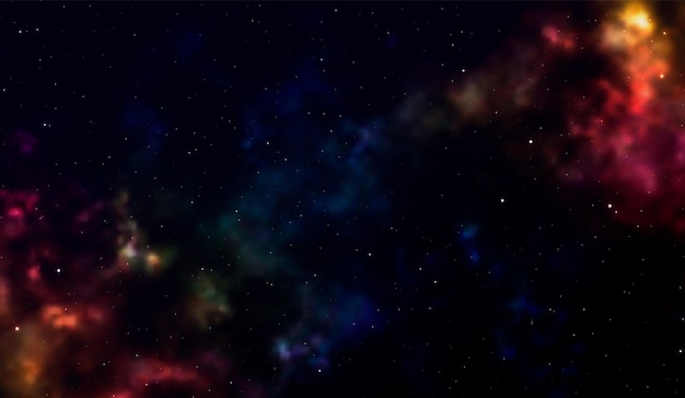 Ruimteachtergrond Fantastisch buitenaanzicht met realistische heldere sterren en cluster van gaswolken. Universum met nevels, sterrenstelsels en sterrenhopen. Oneindige kosmische open ruimtes. Vector illustratie