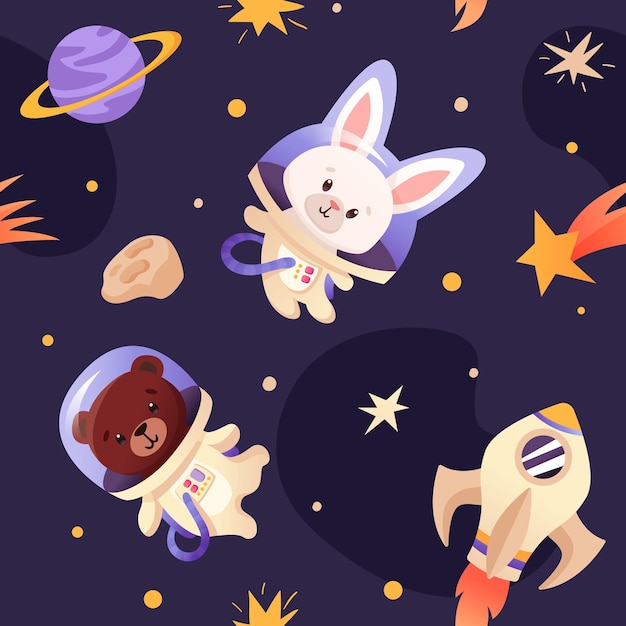 Ruimtedieren Naadloos patroon Leuke dieren astronauten in ruimtepakken Ruimteteam in het universum behang kinderen drukken vectortextuur met raketten sterren planeten en maan