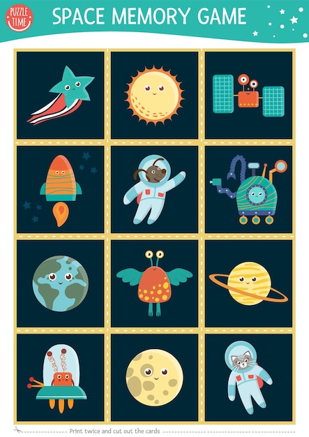 Ruimtegeheugenspelkaarten met planeten buitenaardse raket Matching astronomie-activiteit met astronaut ster aarde Onthoud en vind de juiste kaart Eenvoudig afdrukbaar werkblad voor kinderen xA