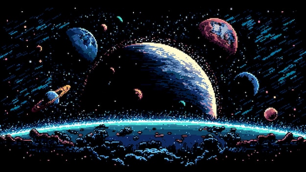 Vector ruimtelandschap met sterrenstelsel en planeten ai-gegenereerde 8-bits pixelgamescène ondergedompeld in retrofuturistische ambiance die de essentie van kosmisch avontuur en wereld van interstellaire verkenning vastlegt