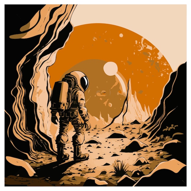 Ruimteman die op planeet loopt. Vectorillustratie van ruimte, kosmonaut en sterrenstelsel voor poster, spandoek