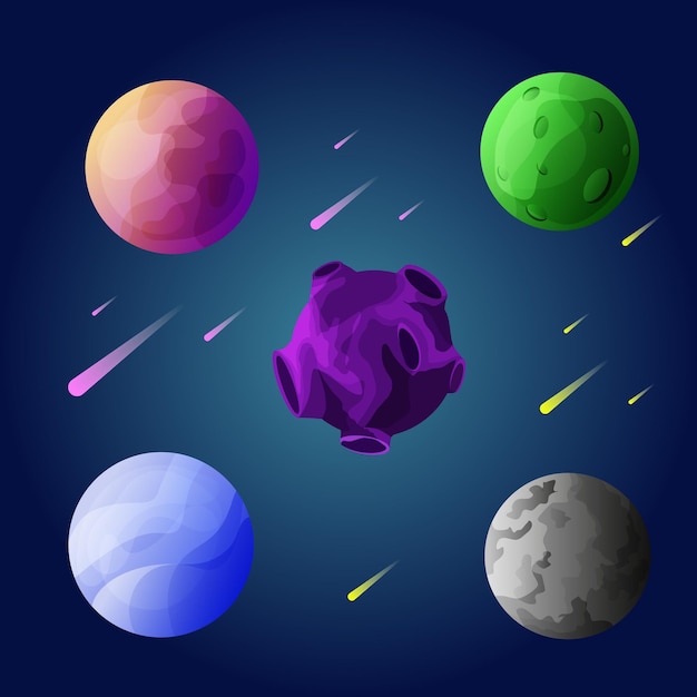 Ruimteplaneten asteroïde maan fantastische wereld spel vector cartoon iconen