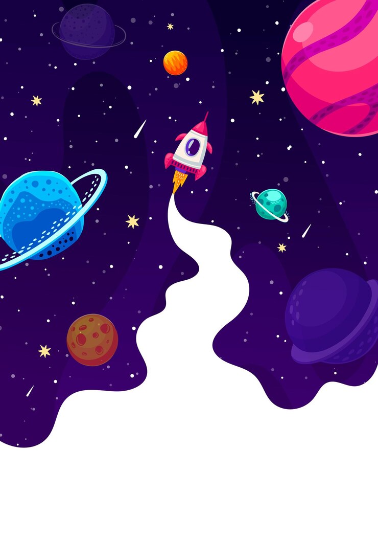 Vector ruimteraketlancering met paden snel opstarten astronomieonderzoek ruimtevaart of zakelijke cartoon vectorposter of achtergrond met ruimteschip opstijgpad melkwegplaneten in de sterrenhemel
