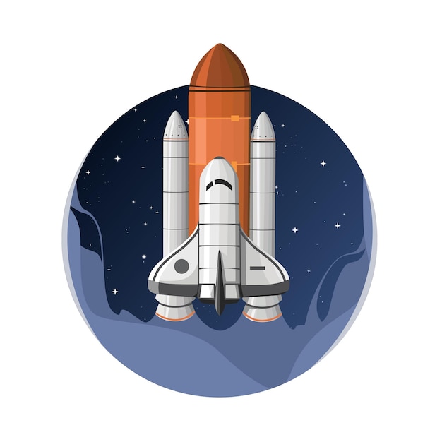 Vector ruimteschip rocket shuttle launch to the dark starry sky in outer space missie badge sticker logo