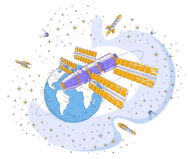 Vector ruimtestation in een baan rond de aarde, ruimtevlucht, ruimtevaartuig ruimteschip iss met zonnepanelen, kunstmatige satelliet, met raketten, sterren en andere elementen. dunne lijn 3d vectorillustratie.