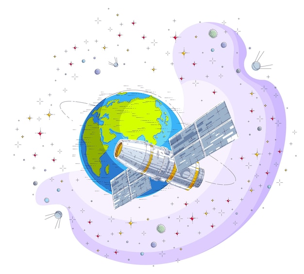 Ruimtestation in een baan rond de aarde, ruimtevlucht, ruimtevaartuig ruimteschip iss met zonnepanelen, kunstmatige satelliet, omringd door sterren en andere elementen. Dunne lijn 3d vectorillustratie.