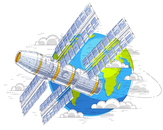 Ruimtestation vliegende orbitale ruimtevlucht rond de aarde, ruimtevaartuig ruimteschip iss met zonnepanelen, kunstmatige satelliet. Dunne lijn 3d vectorillustratie.