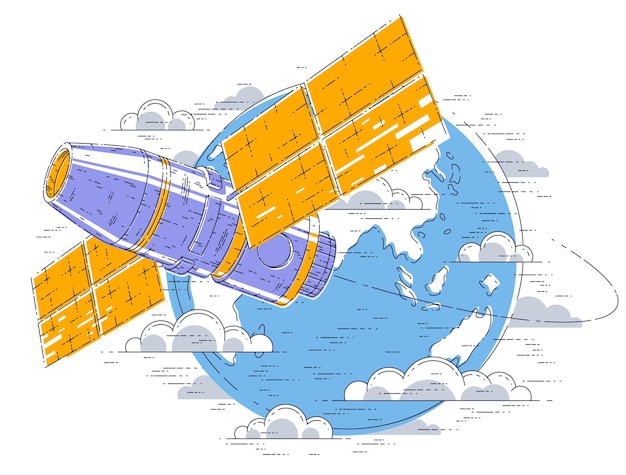 Ruimtestation vliegende orbitale ruimtevlucht rond de aarde, ruimtevaartuig ruimteschip iss met zonnepanelen, kunstmatige satelliet. Dunne lijn 3d vectorillustratie.