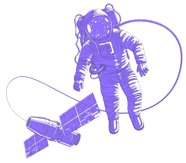 Ruimtevaarder die in de open ruimte vliegt en verbonden is met een ruimtestation, astronaut man of vrouw in een ruimtetuig die in gewichtloosheid drijft en een ruimteschip achter hem. Vectorillustratie geïsoleerd over wit.