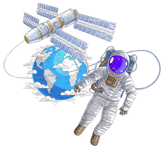 Ruimtevaarder die in open ruimte vliegt verbonden met ruimtestation en aardeplaneet op de achtergrond, astronaut man of vrouw in ruimtepak zwevend in gewichtloosheid en iss ruimtevaartuig achter hem. Vector.